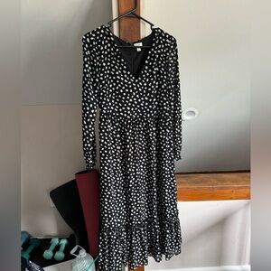 J.crew factory, black and white long sleeve dress with ruffle detail, size XS